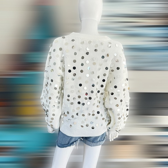 PEACH LOVE CALIFORNIA White shaker knit silver accent sweater S M L - Picture 6 of 10